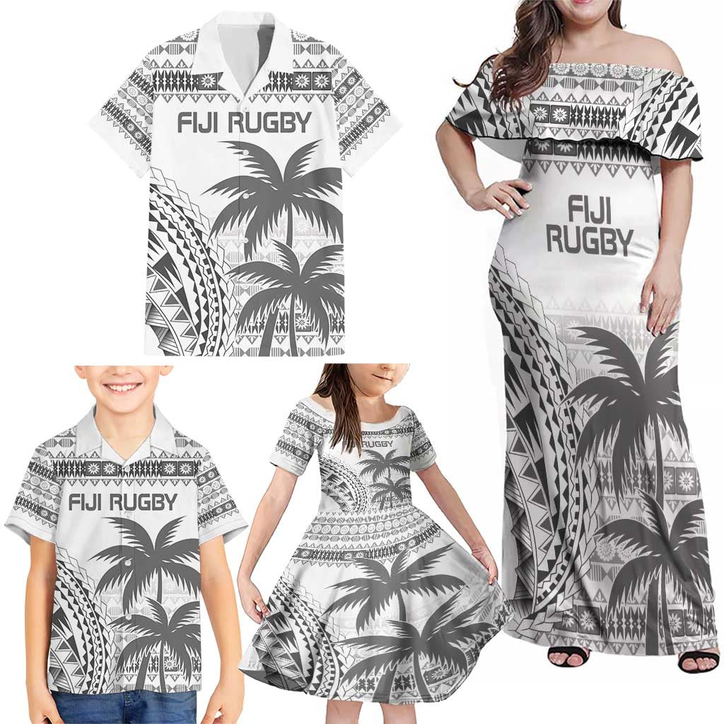 Custom Fiji Rugby Family Matching Off Shoulder Maxi Dress and Hawaiian Shirt Polynesian Fijian Masi Palm Tree