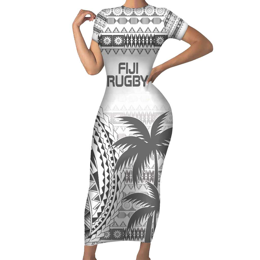 Custom Fiji Rugby Family Matching Short Sleeve Bodycon Dress and Hawaiian Shirt Polynesian Fijian Masi Palm Tree