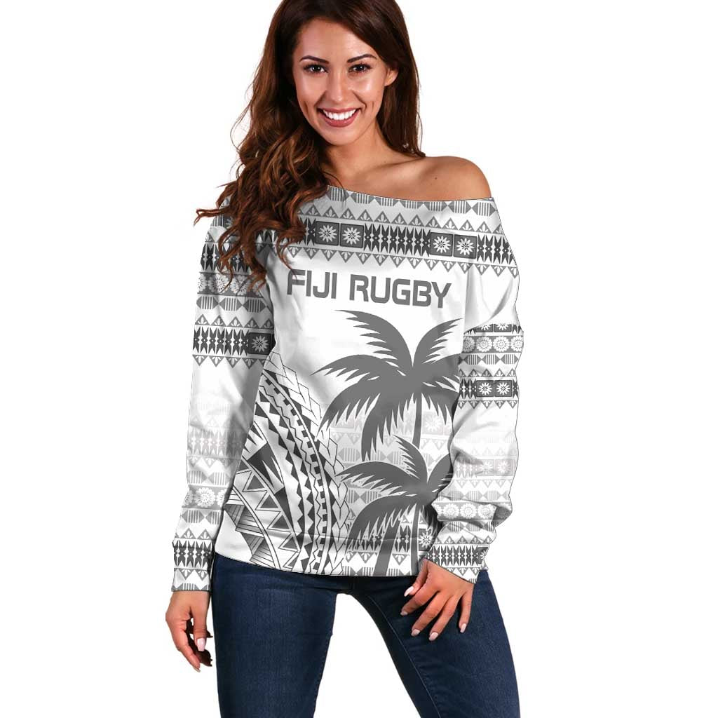 Custom Fiji Rugby Off Shoulder Sweater Polynesian Fijian Masi Palm Tree