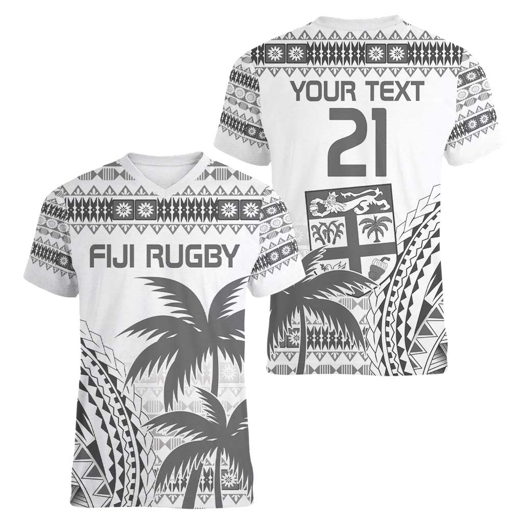 Custom Fiji Rugby Women V-Neck T-Shirt Polynesian Fijian Masi Palm Tree LT9 - Polynesian Pride