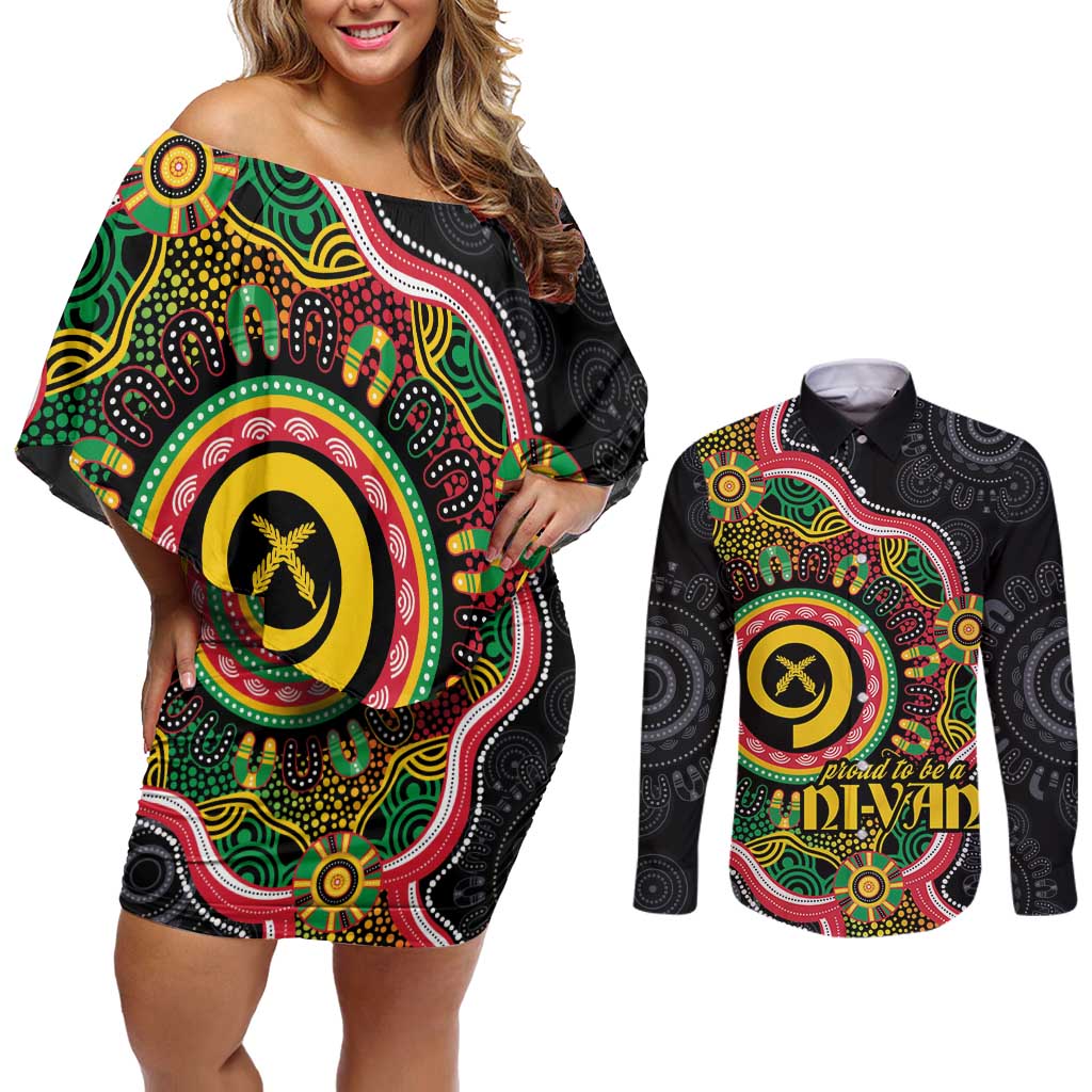 Vanuatu Personalised Couples Matching Off Shoulder Short Dress and Long Sleeve Button Shirt Aboriginal Dot Paitnting - Polynesian Pride