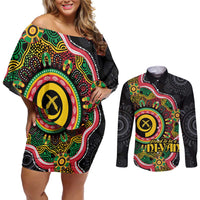 Vanuatu Personalised Couples Matching Off Shoulder Short Dress and Long Sleeve Button Shirt Aboriginal Dot Paitnting - Polynesian Pride