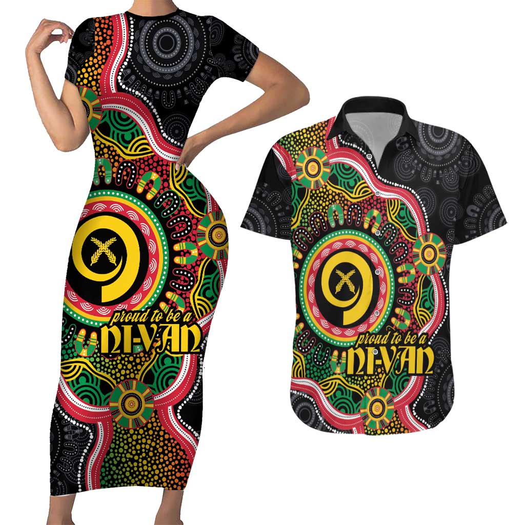 Vanuatu Personalised Couples Matching Short Sleeve Bodycon Dress and Hawaiian Shirt Aboriginal Dot Paitnting - Polynesian Pride