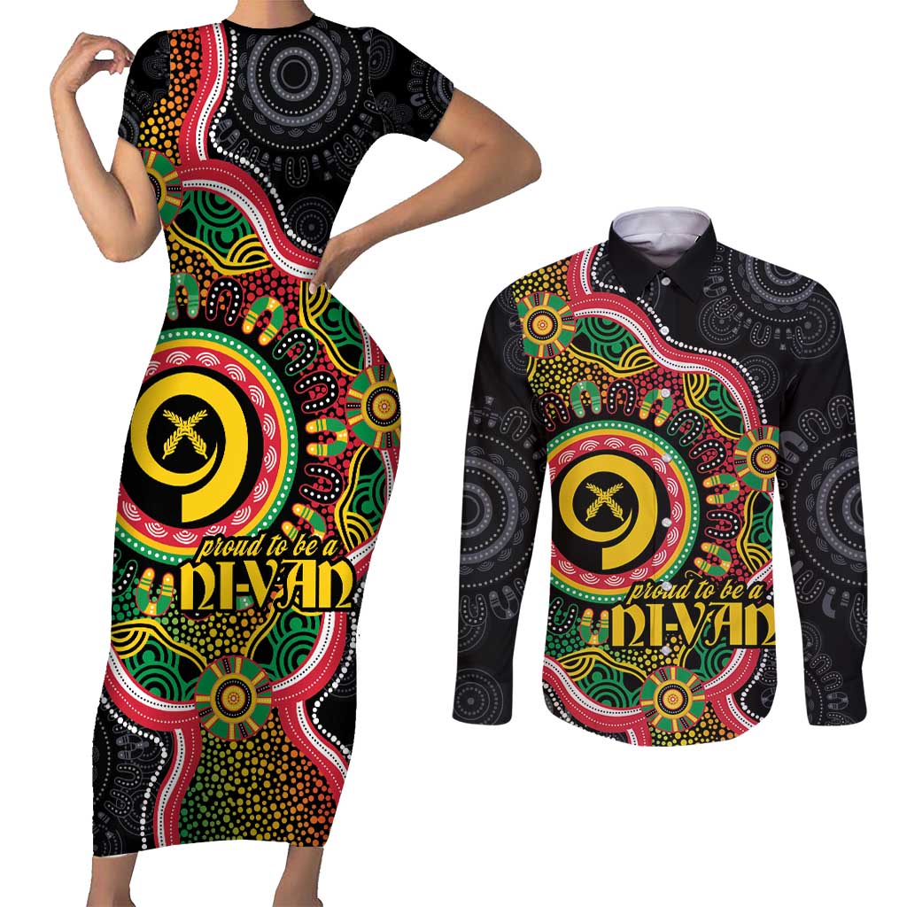 Vanuatu Personalised Couples Matching Short Sleeve Bodycon Dress and Long Sleeve Button Shirt Aboriginal Dot Paitnting - Polynesian Pride