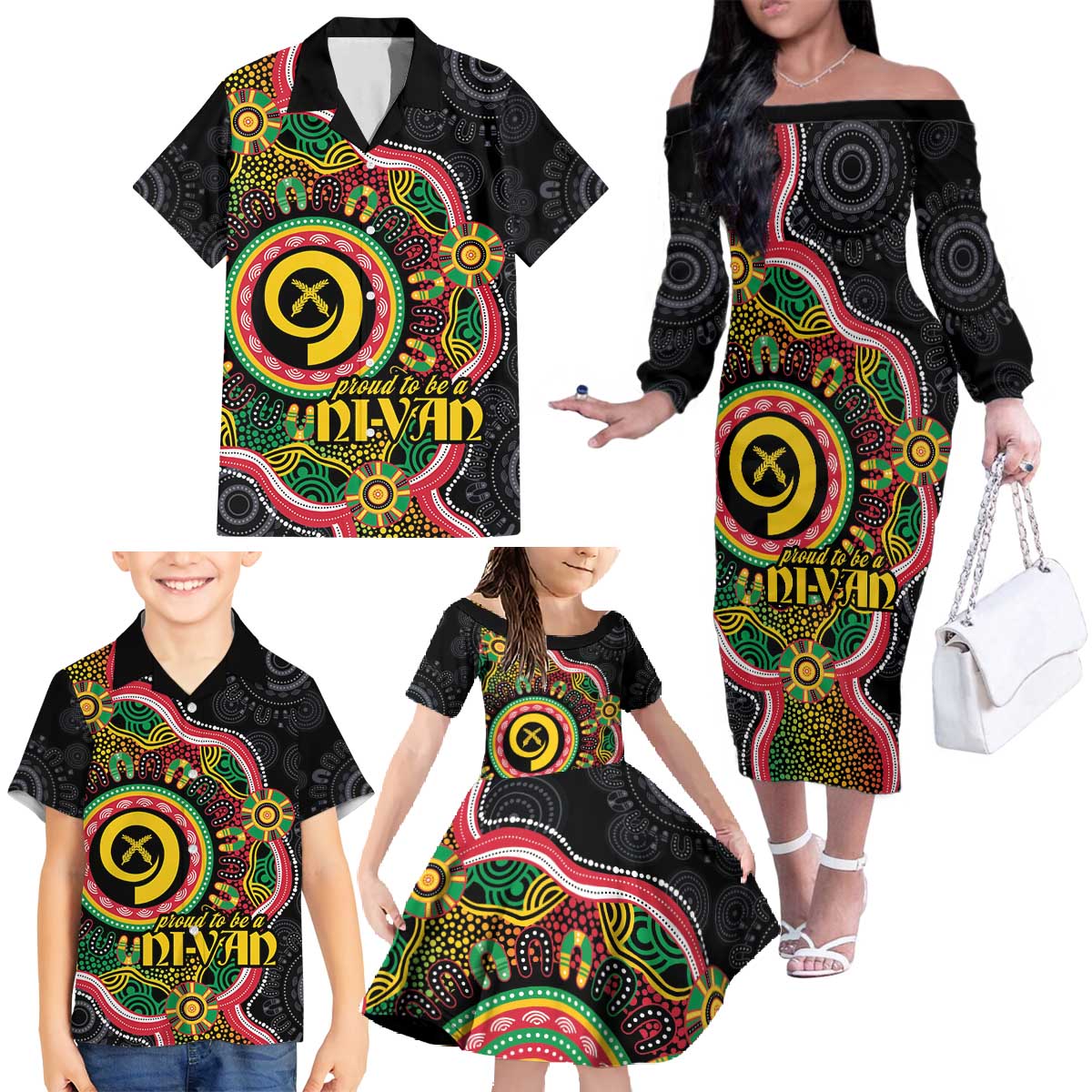Vanuatu Personalised Family Matching Off The Shoulder Long Sleeve Dress and Hawaiian Shirt Aboriginal Dot Paitnting - Polynesian Pride