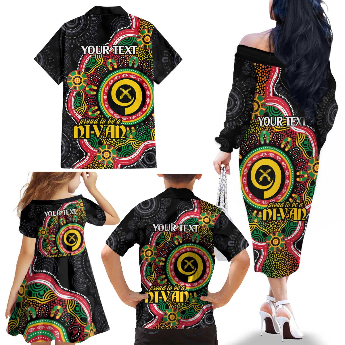 Vanuatu Personalised Family Matching Off The Shoulder Long Sleeve Dress and Hawaiian Shirt Aboriginal Dot Paitnting - Polynesian Pride