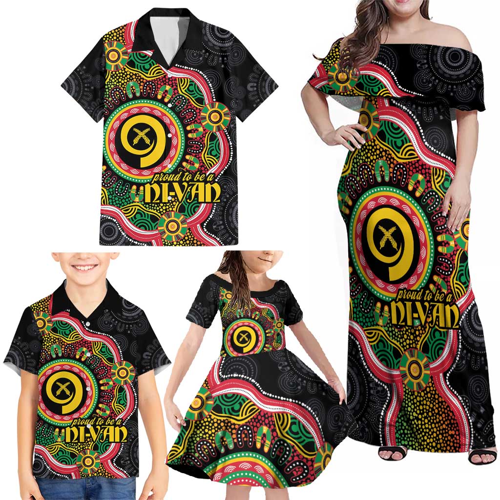 Vanuatu Personalised Family Matching Off Shoulder Maxi Dress and Hawaiian Shirt Aboriginal Dot Paitnting - Polynesian Pride