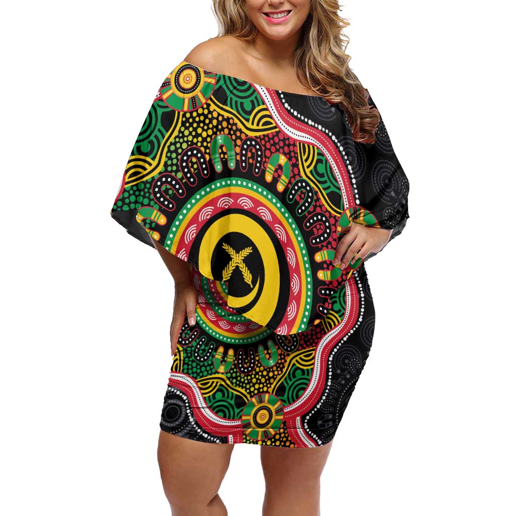 Vanuatu Personalised Family Matching Off Shoulder Short Dress and Hawaiian Shirt Aboriginal Dot Paitnting - Polynesian Pride