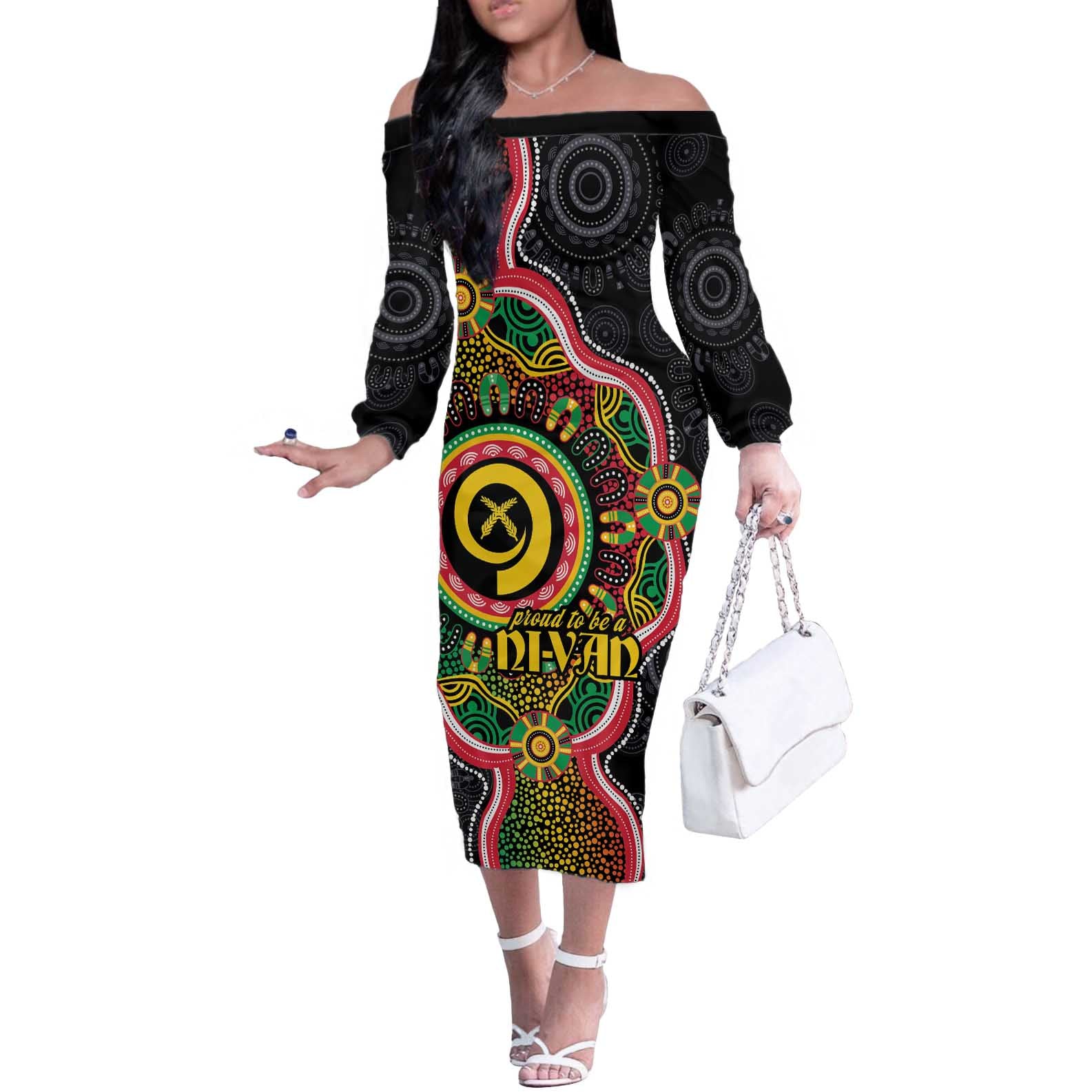 Vanuatu Personalised Off The Shoulder Long Sleeve Dress Aboriginal Dot Paitnting - Polynesian Pride