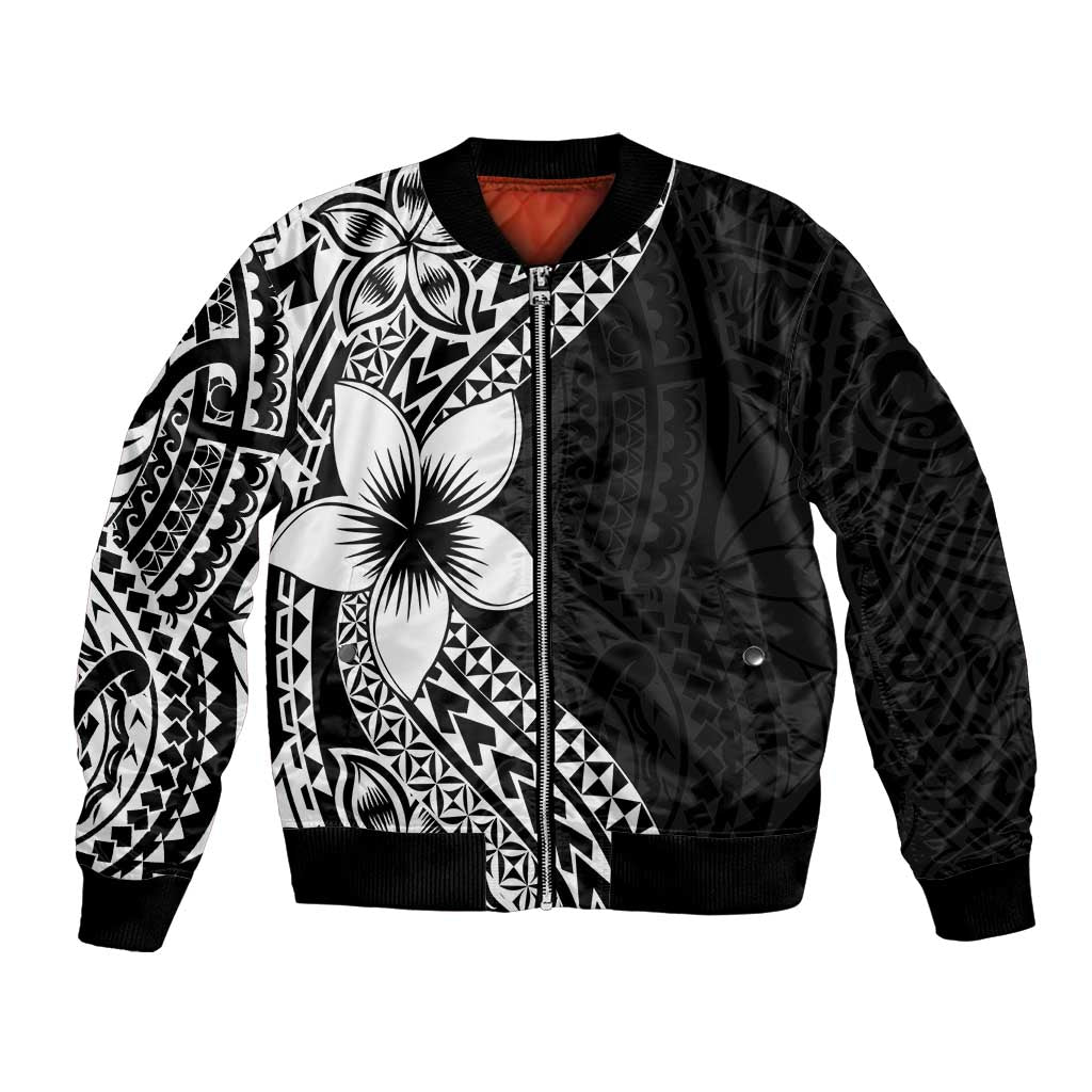 Lotu Tamaiti White Sunday Bomber Jacket Pacific Plumeria Flowers - Black Version
