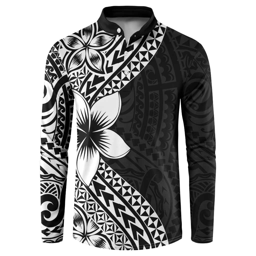 Lotu Tamaiti White Sunday Button Sweatshirt Pacific Plumeria Flowers - Black Version