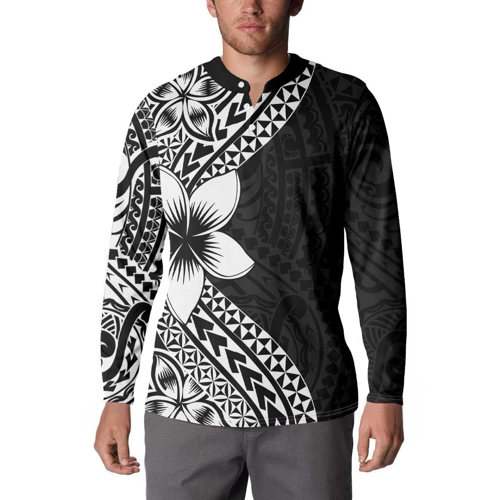 Lotu Tamaiti White Sunday Button Sweatshirt Pacific Plumeria Flowers - Black Version