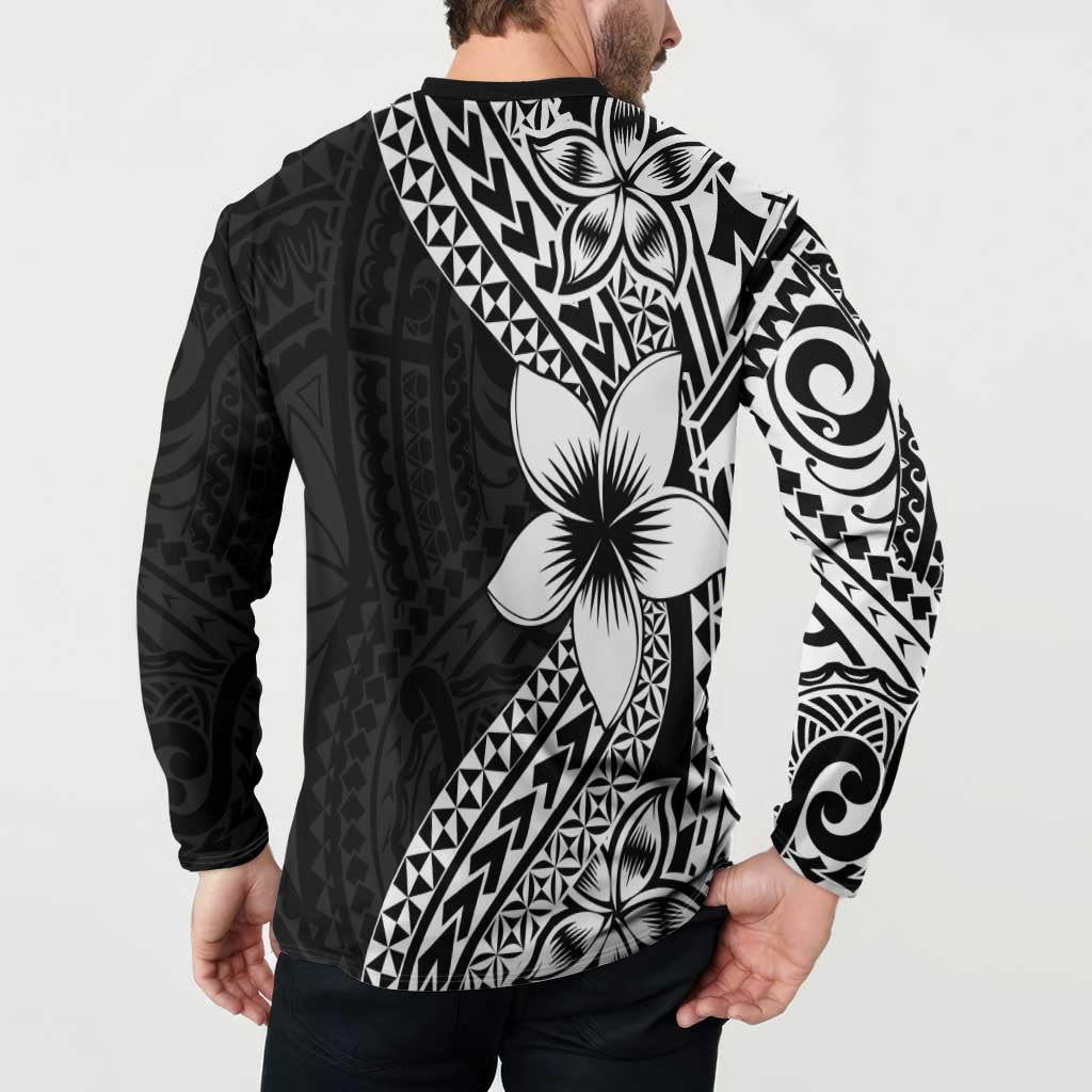 Lotu Tamaiti White Sunday Button Sweatshirt Pacific Plumeria Flowers - Black Version