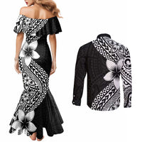 Lotu Tamaiti White Sunday Couples Matching Mermaid Dress and Long Sleeve Button Shirt Pacific Plumeria Flowers - Black Version