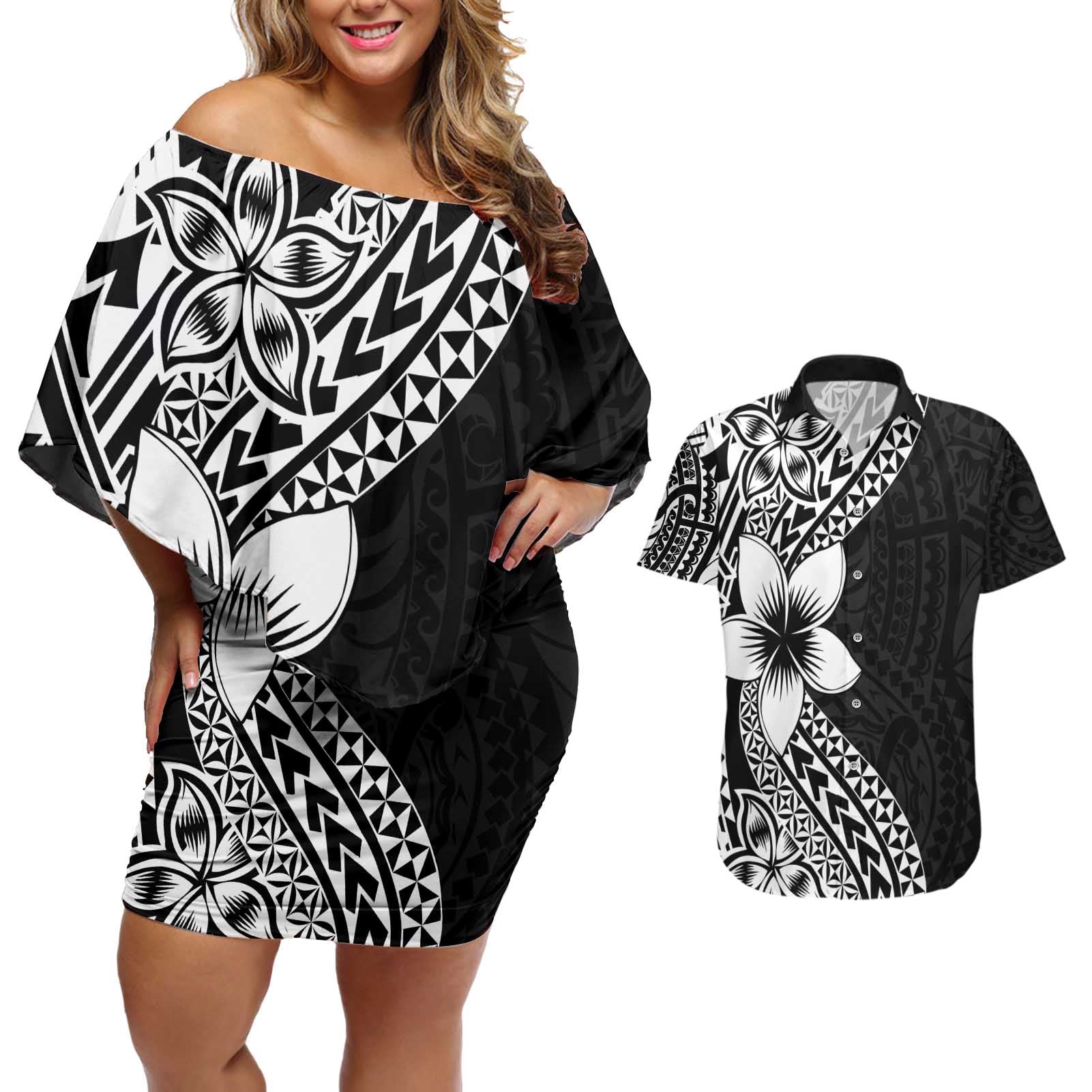 Lotu Tamaiti White Sunday Couples Matching Off Shoulder Short Dress and Hawaiian Shirt Pacific Plumeria Flowers - Black Version