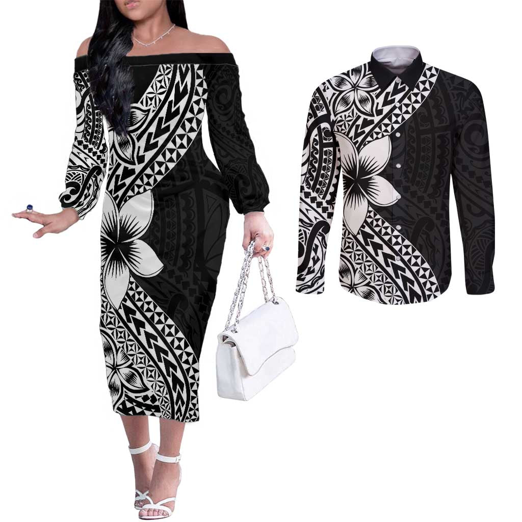 Lotu Tamaiti White Sunday Couples Matching Off The Shoulder Long Sleeve Dress and Long Sleeve Button Shirt Pacific Plumeria Flowers - Black Version