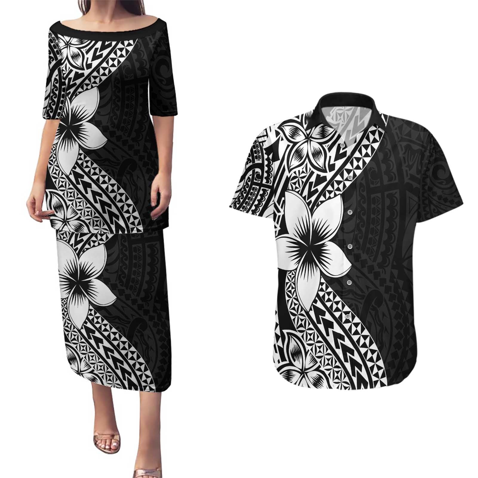 Lotu Tamaiti White Sunday Couples Matching Puletasi and Hawaiian Shirt Pacific Plumeria Flowers - Black Version