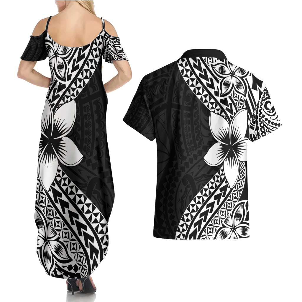 Lotu Tamaiti White Sunday Couples Matching Summer Maxi Dress and Hawaiian Shirt Pacific Plumeria Flowers - Black Version