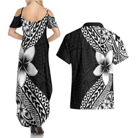 Lotu Tamaiti White Sunday Couples Matching Summer Maxi Dress and Hawaiian Shirt Pacific Plumeria Flowers - Black Version