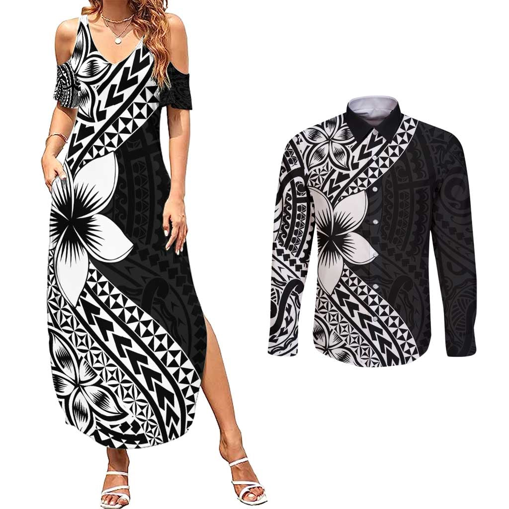 Lotu Tamaiti White Sunday Couples Matching Summer Maxi Dress and Long Sleeve Button Shirt Pacific Plumeria Flowers - Black Version