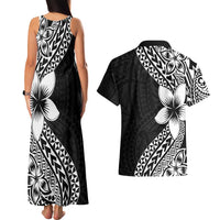 Lotu Tamaiti White Sunday Couples Matching Tank Maxi Dress and Hawaiian Shirt Pacific Plumeria Flowers - Black Version