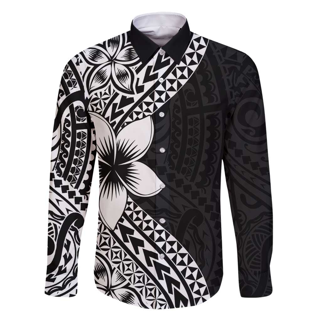 Lotu Tamaiti White Sunday Family Matching Long Sleeve Bodycon Dress and Hawaiian Shirt Pacific Plumeria Flowers - Black Version