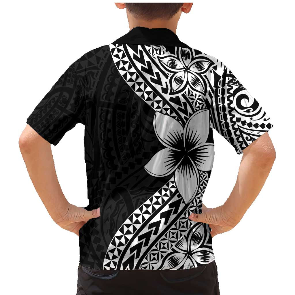 Lotu Tamaiti White Sunday Family Matching Mermaid Dress and Hawaiian Shirt Pacific Plumeria Flowers - Black Version