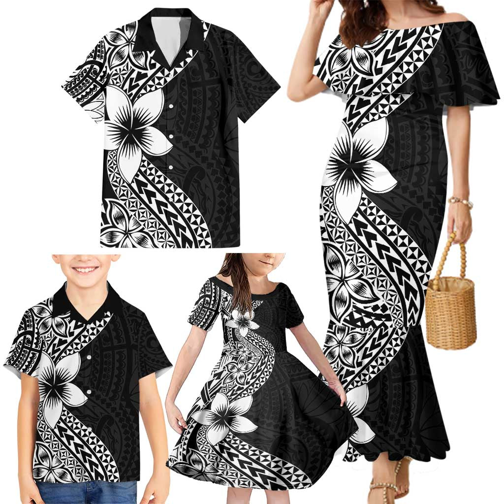 Lotu Tamaiti White Sunday Family Matching Mermaid Dress and Hawaiian Shirt Pacific Plumeria Flowers - Black Version