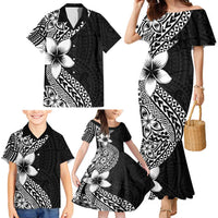 Lotu Tamaiti White Sunday Family Matching Mermaid Dress and Hawaiian Shirt Pacific Plumeria Flowers - Black Version