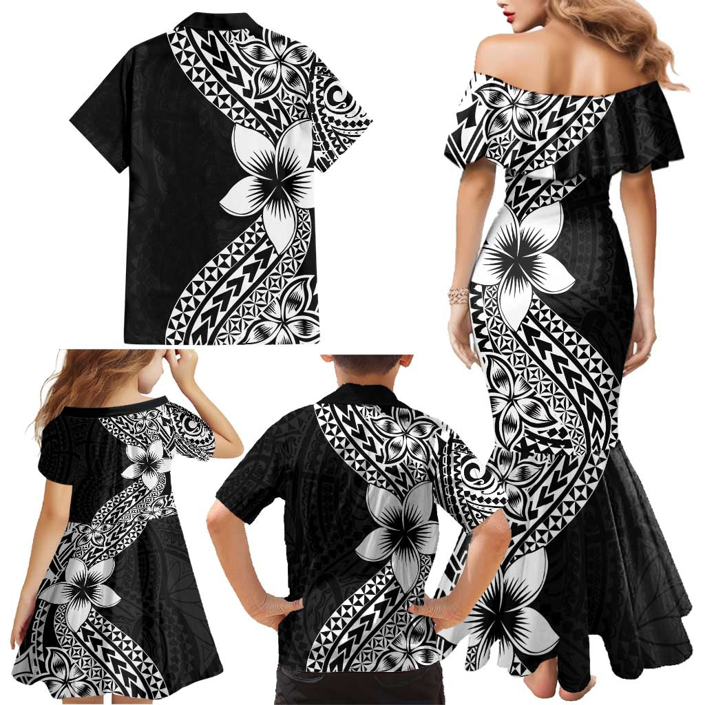 Lotu Tamaiti White Sunday Family Matching Mermaid Dress and Hawaiian Shirt Pacific Plumeria Flowers - Black Version