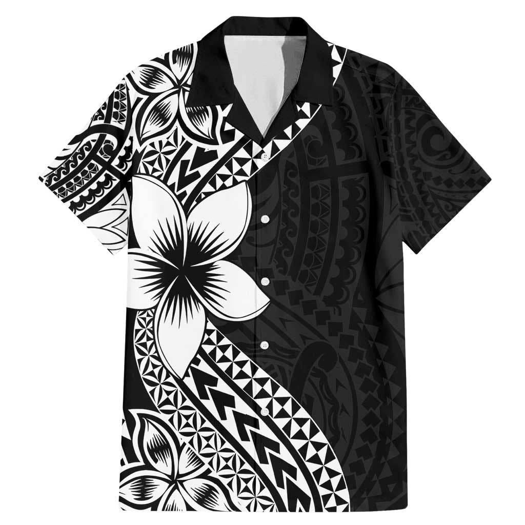 Lotu Tamaiti White Sunday Family Matching Mermaid Dress and Hawaiian Shirt Pacific Plumeria Flowers - Black Version