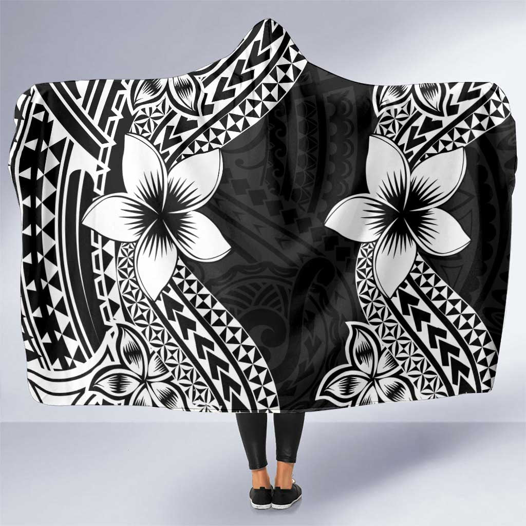 Lotu Tamaiti White Sunday Hooded Blanket Pacific Plumeria Flowers - Black Version