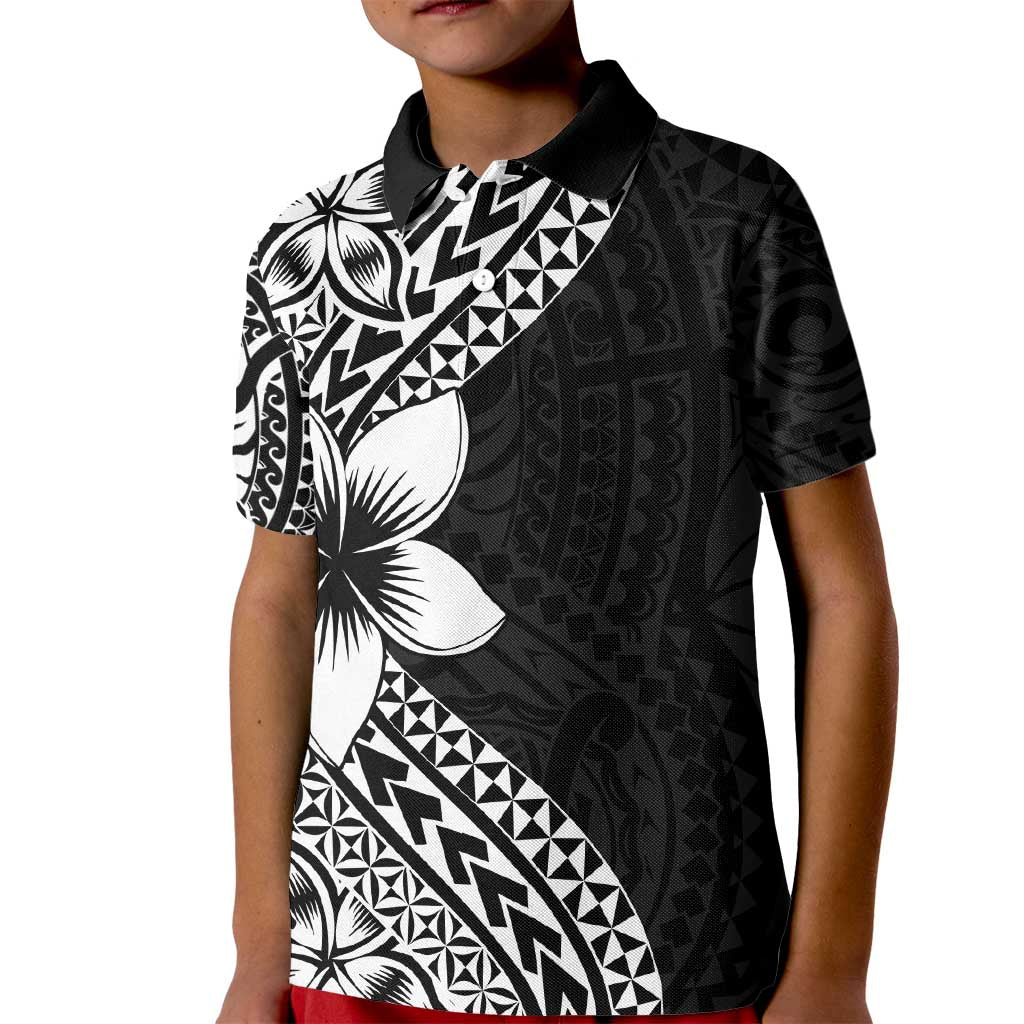 Lotu Tamaiti White Sunday Kid Polo Shirt Pacific Plumeria Flowers - Black Version