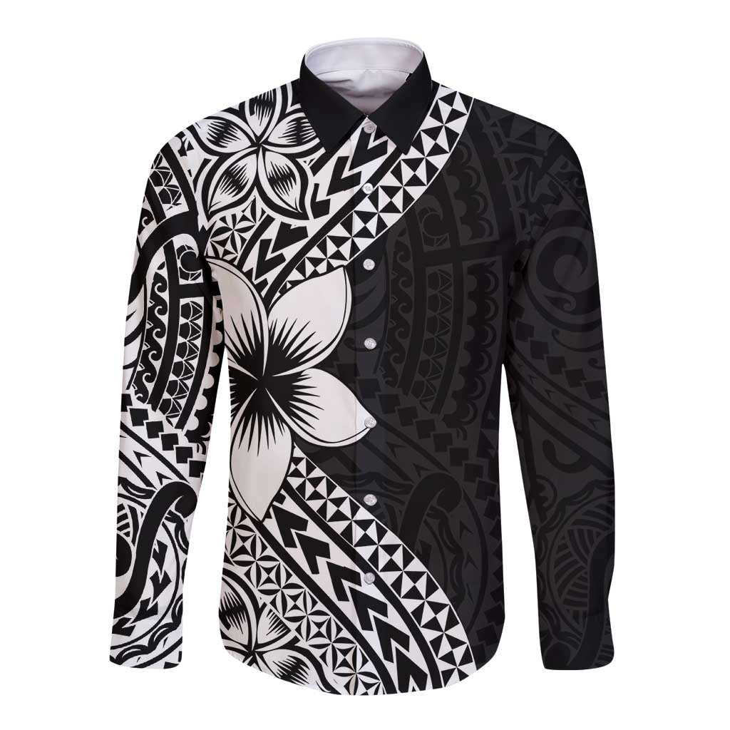 Lotu Tamaiti White Sunday Long Sleeve Button Shirt Pacific Plumeria Flowers - Black Version