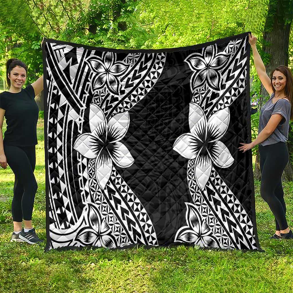 Lotu Tamaiti White Sunday Quilt Pacific Plumeria Flowers - Black Version