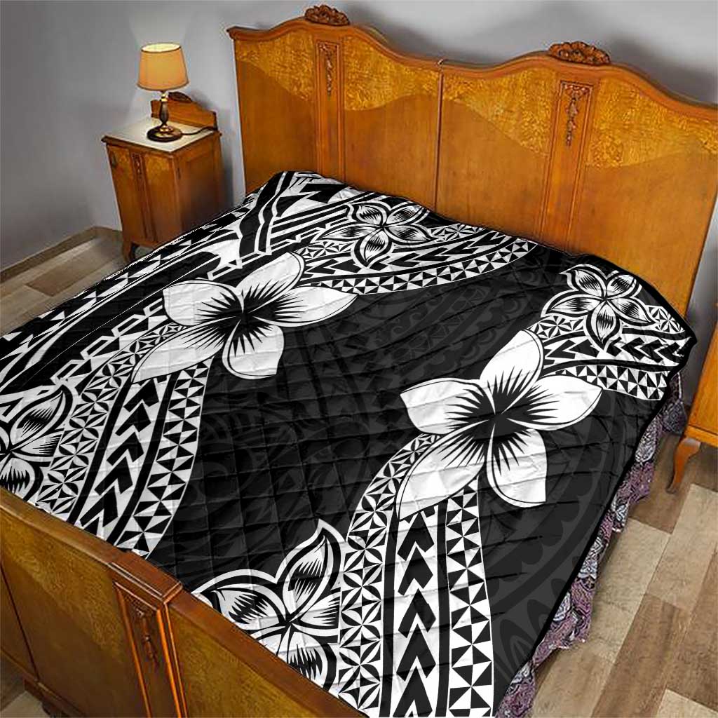 Lotu Tamaiti White Sunday Quilt Pacific Plumeria Flowers - Black Version