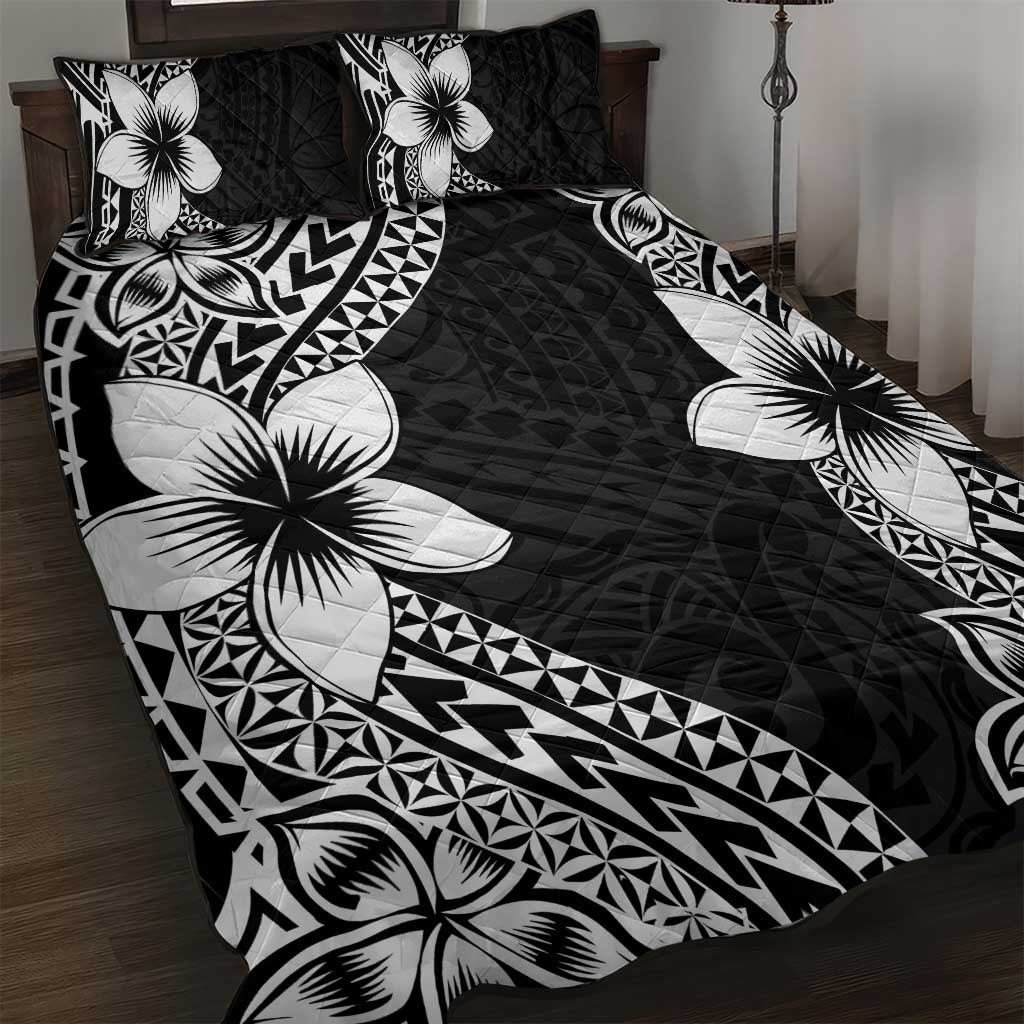 Lotu Tamaiti White Sunday Quilt Bed Set Pacific Plumeria Flowers - Black Version