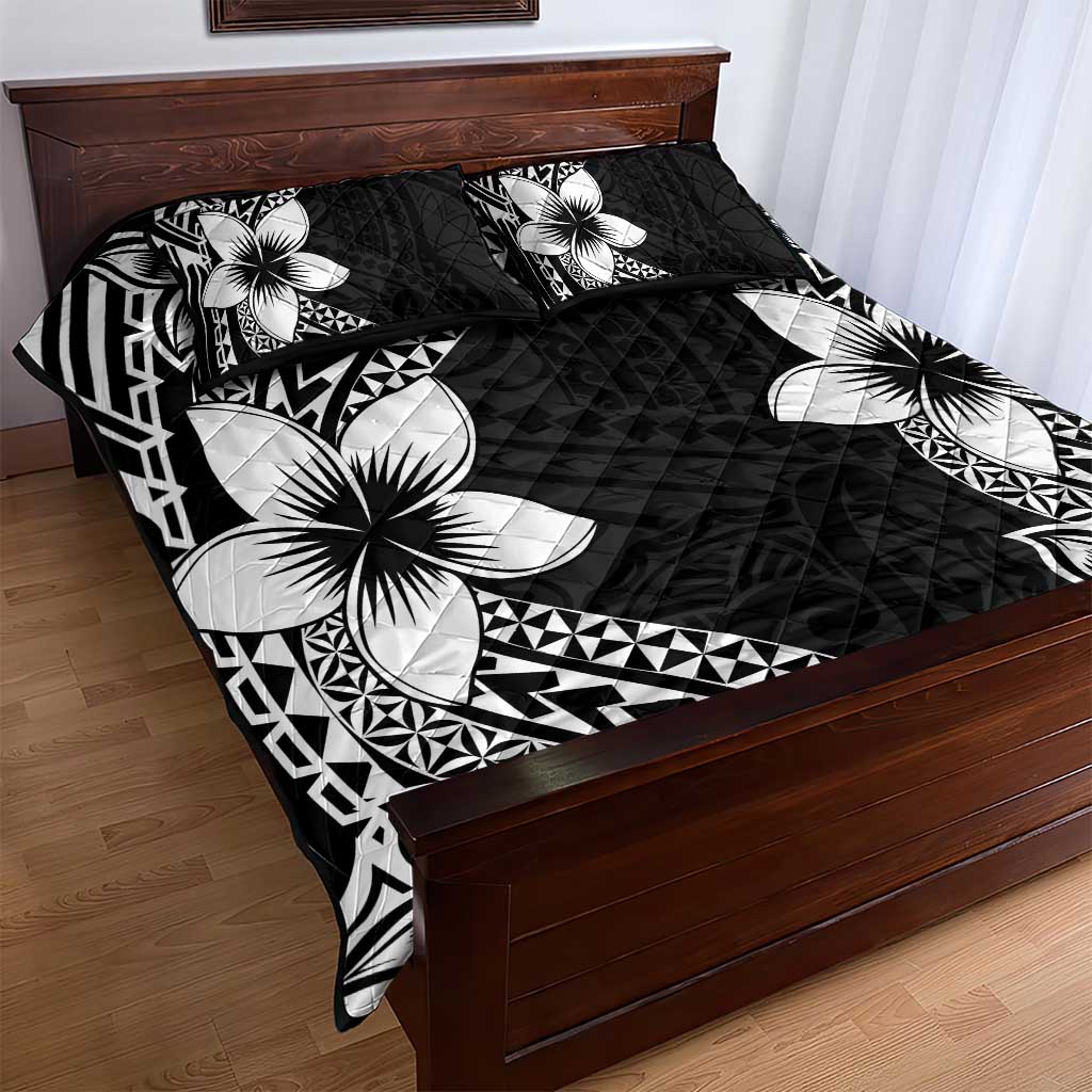 Lotu Tamaiti White Sunday Quilt Bed Set Pacific Plumeria Flowers - Black Version