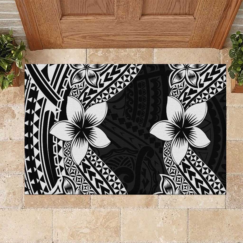 Lotu Tamaiti White Sunday Rubber Doormat Pacific Plumeria Flowers - Black Version