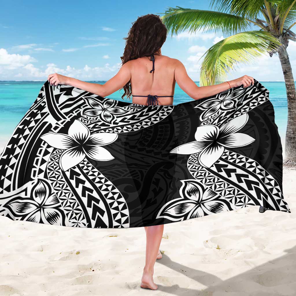 Lotu Tamaiti White Sunday Sarong Pacific Plumeria Flowers - Black Version