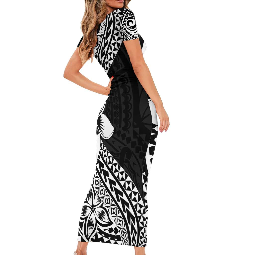 Lotu Tamaiti White Sunday Short Sleeve Bodycon Dress Pacific Plumeria Flowers - Black Version