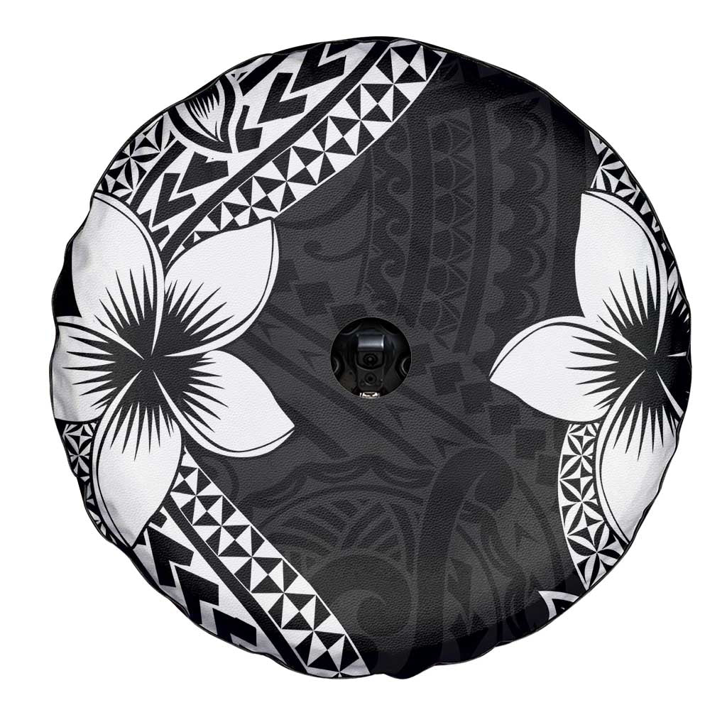 Lotu Tamaiti White Sunday Spare Tire Cover Pacific Plumeria Flowers - Black Version