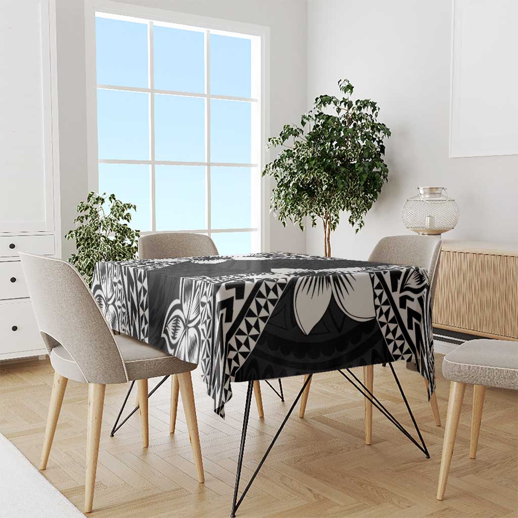 Lotu Tamaiti White Sunday Tablecloth Pacific Plumeria Flowers - Black Version