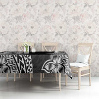 Lotu Tamaiti White Sunday Tablecloth Pacific Plumeria Flowers - Black Version