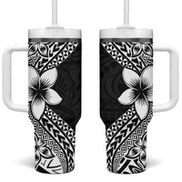 Lotu Tamaiti White Sunday Tumbler With Handle Pacific Plumeria Flowers - Black Version