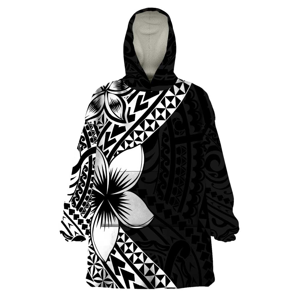 Lotu Tamaiti White Sunday Wearable Blanket Hoodie Pacific Plumeria Flowers - Black Version