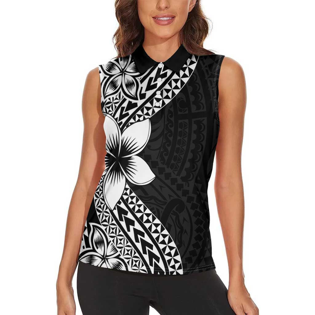 Lotu Tamaiti White Sunday Women Sleeveless Polo Shirt Pacific Plumeria Flowers - Black Version