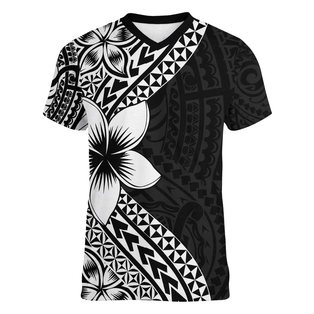 Lotu Tamaiti White Sunday Women V-Neck T-Shirt Pacific Plumeria Flowers - Black Version