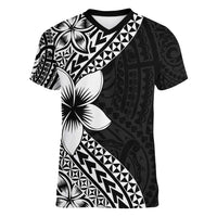 Lotu Tamaiti White Sunday Women V-Neck T-Shirt Pacific Plumeria Flowers - Black Version