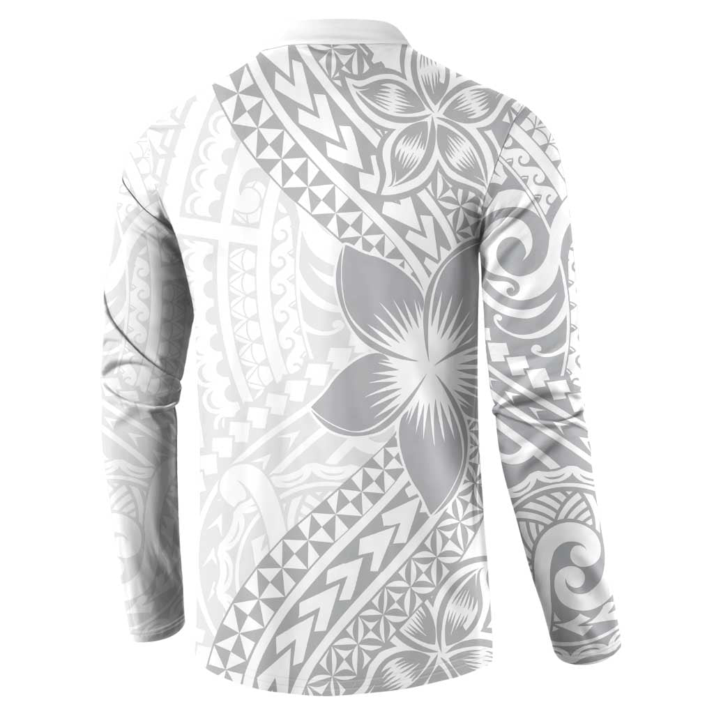Lotu Tamaiti White Sunday Button Sweatshirt Pacific Plumeria Flowers - White Version